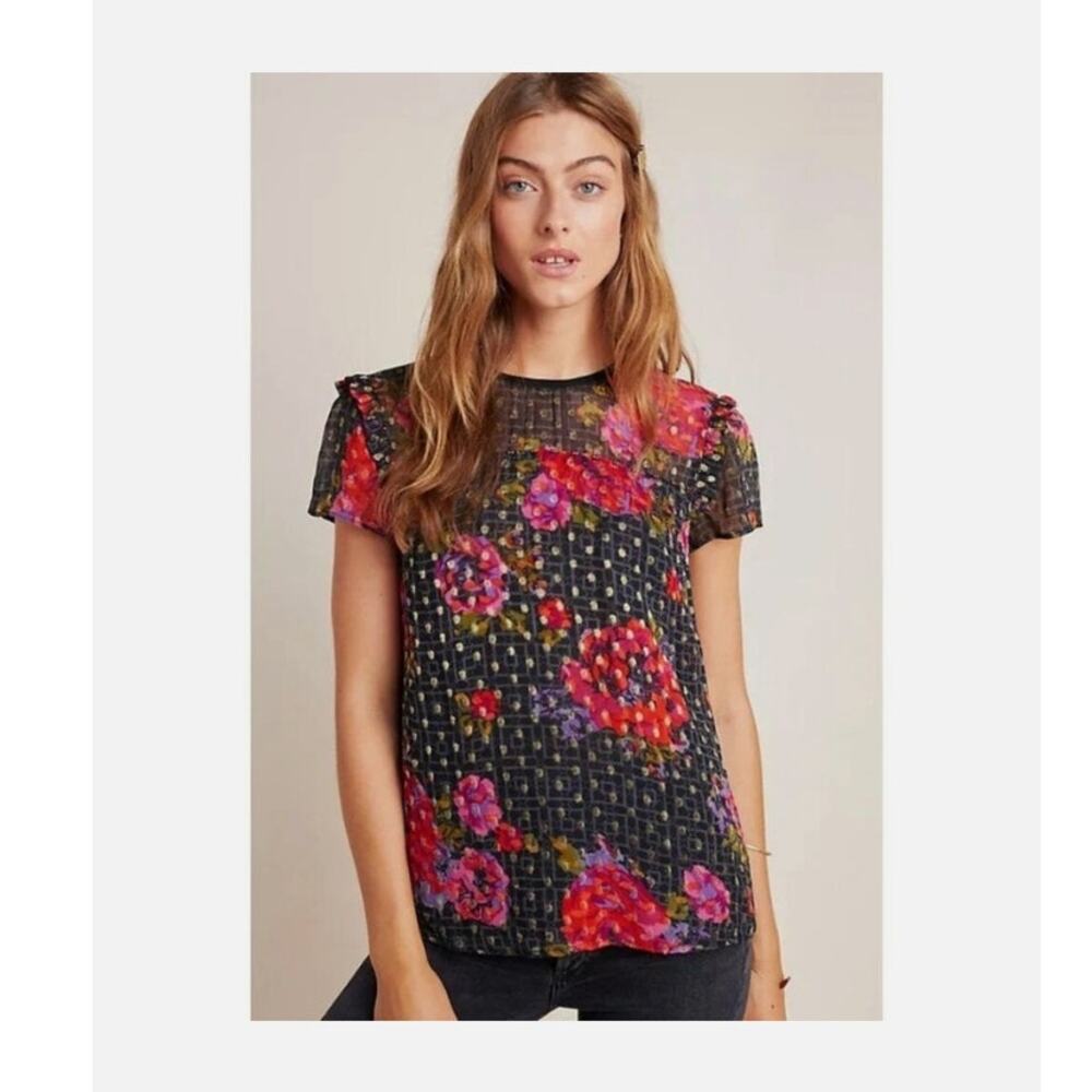 Anthropologie Fiorella Blouse Sheer Floral Metallic Dots - Size 8 - Picture 1 of 8